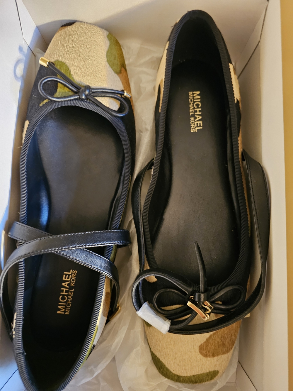 NIB-Michael Kors Women's Black and Tan Camouflage Calf Hair Ballet Flats